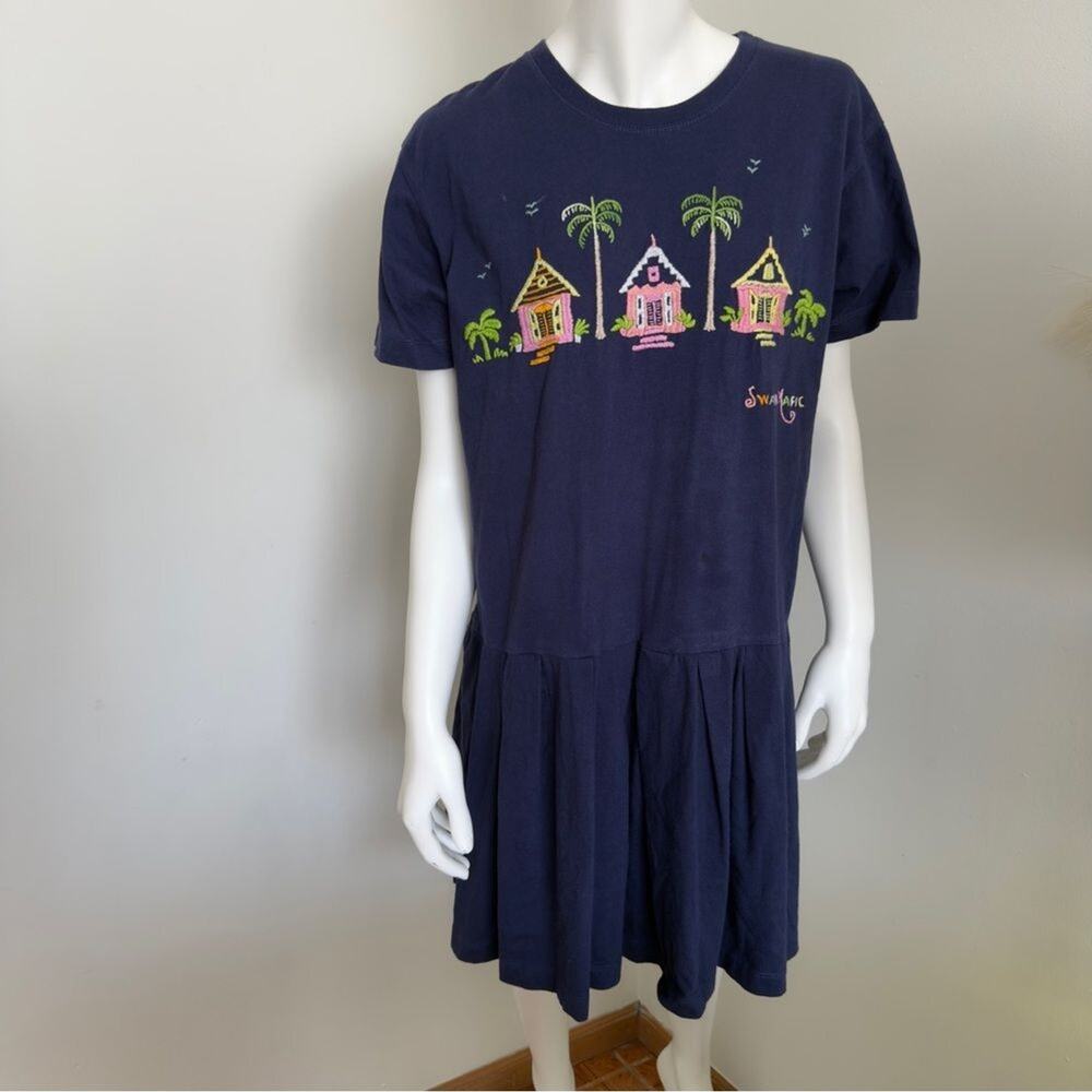 Vtg 90s Swan Magic Hand Embroidered Tropical Houses T-Shirt Dress Navy S/M - Picture 1 of 13